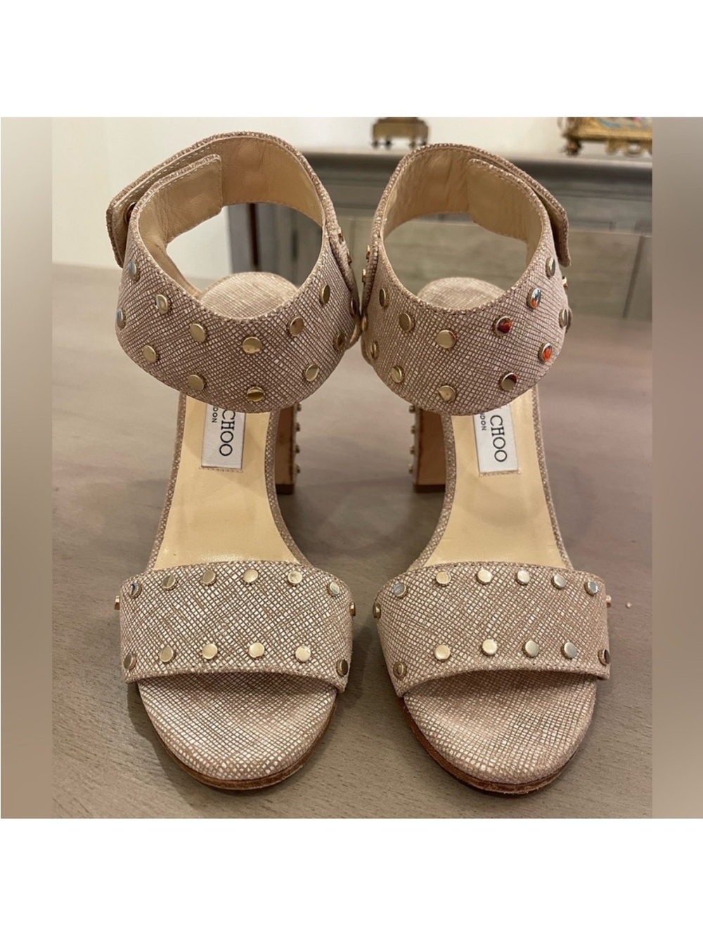 Jimmy Choo Veto 100 Studded Sandals Beige/Silver studs Size 6.5